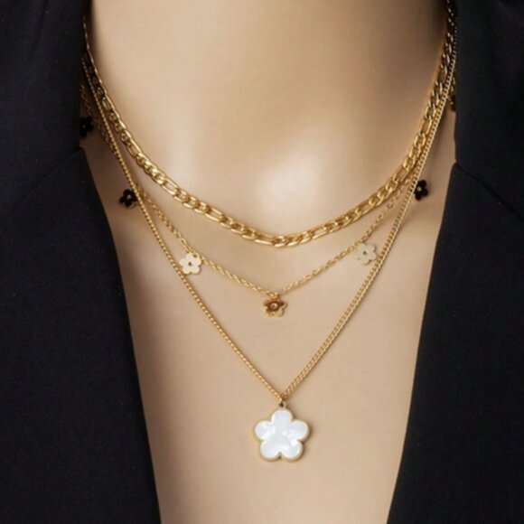 18K Gold Filled Layered Clover Mother of Pearl Necklace Set - Picture 1 of 4